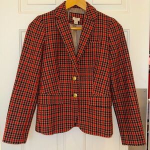 J. Crew Red Wool Houndstooth Tweed Herringbone Gold Button Blazer Womens Size 0